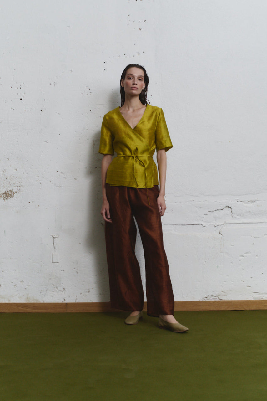 Datura Pistacho Dupion Wrap Top