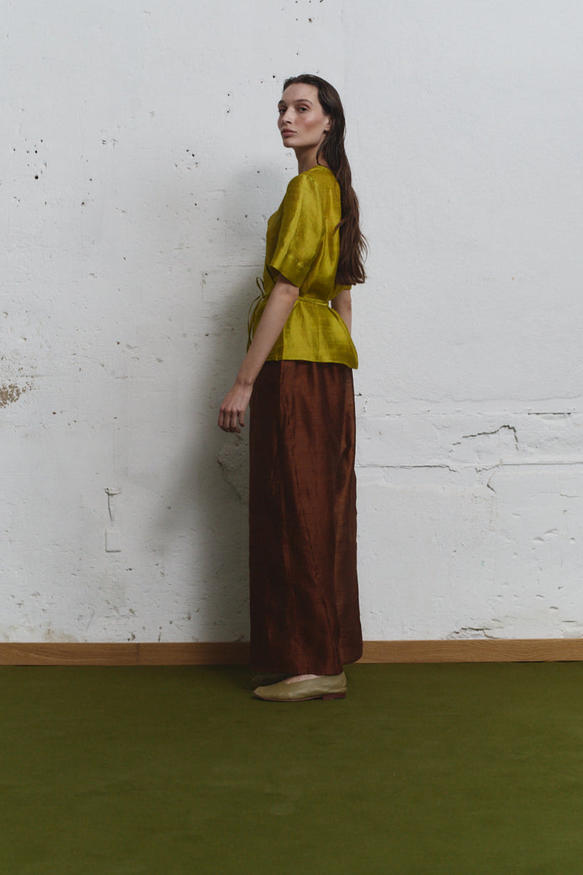 Datura Pistacho Dupion Wrap Top