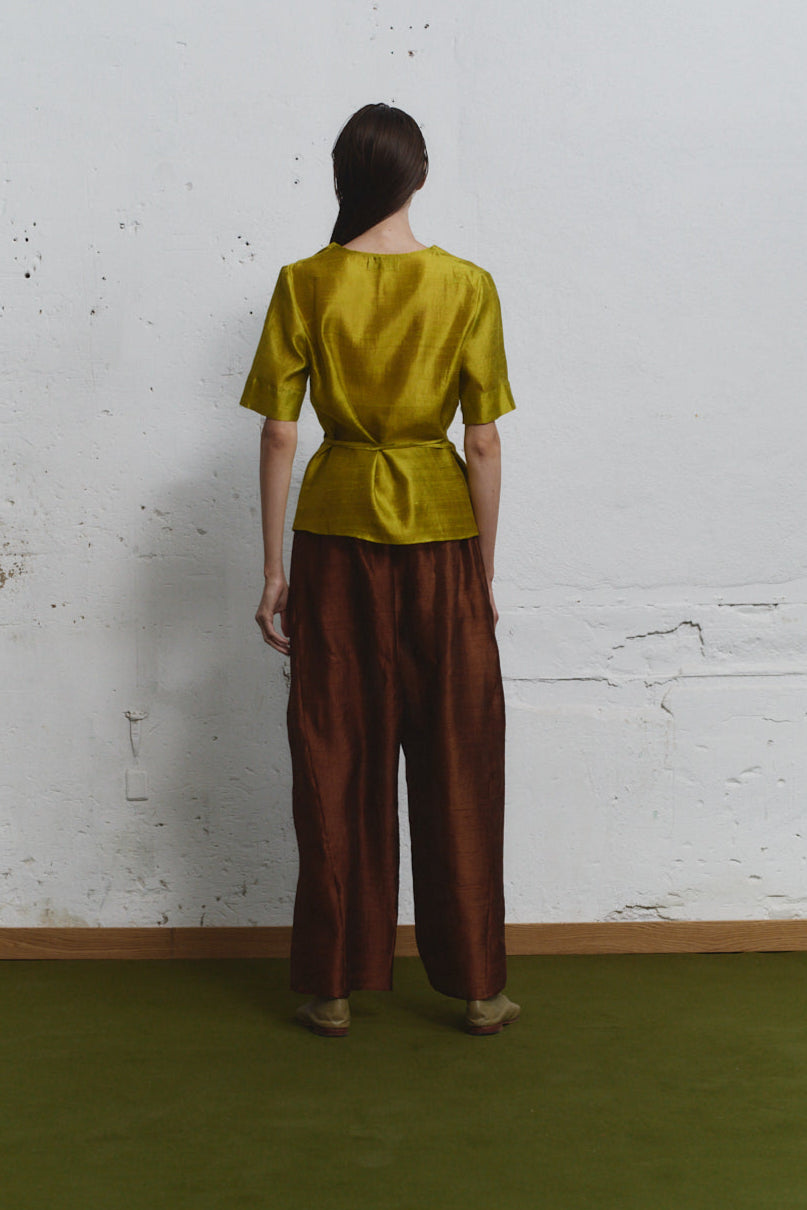 Datura Pistacho Dupion Wrap Top