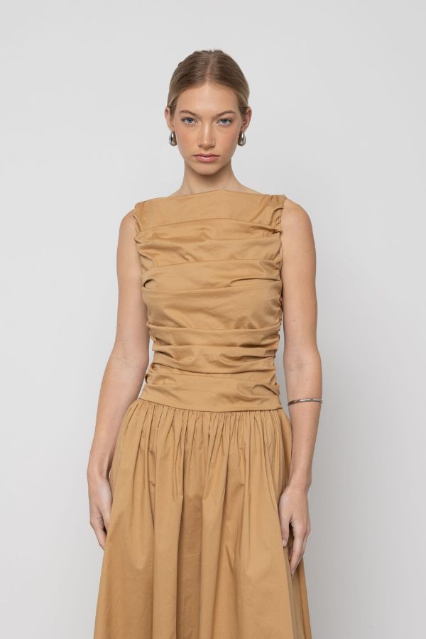 Esthé Pleated Cotton Maxi Dress - Beige