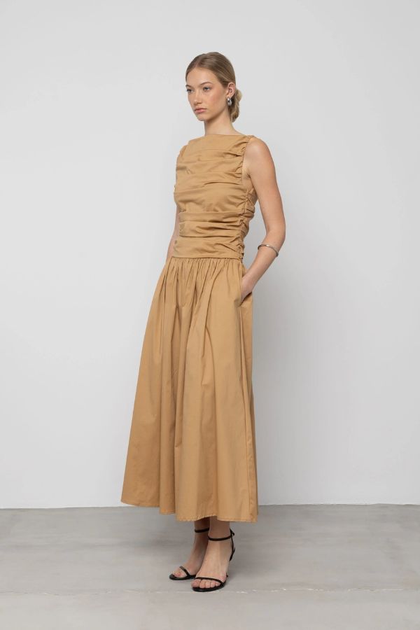 Esthé Pleated Cotton Maxi Dress - Beige