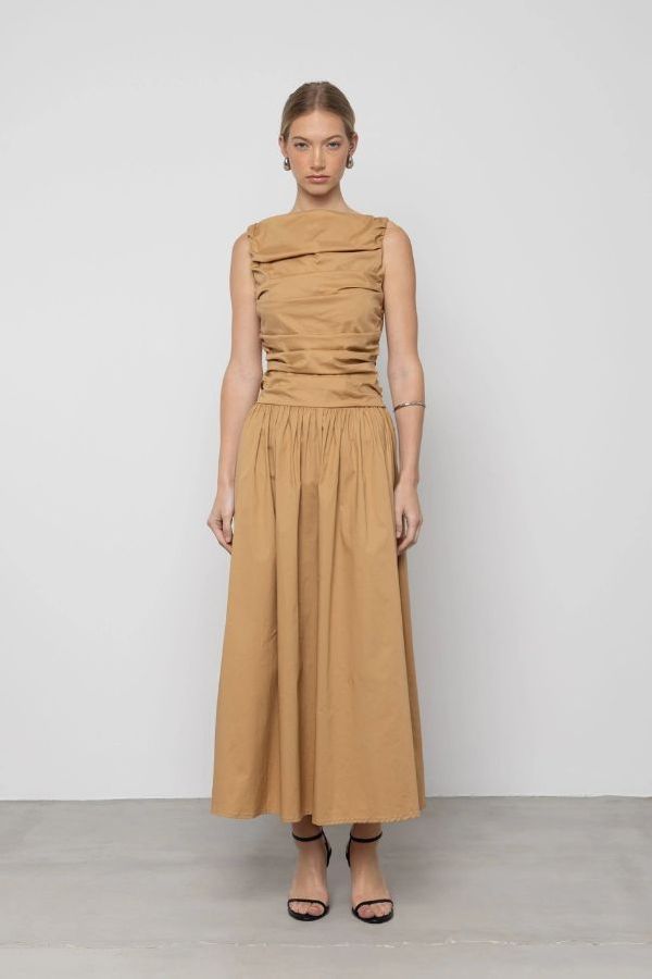 Esthé Pleated Cotton Maxi Dress - Beige