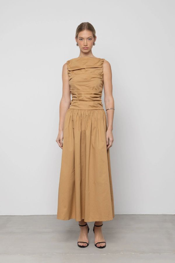 Esthé Pleated Cotton Maxi Dress - Beige