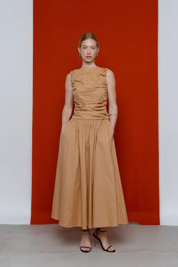 Esthé Pleated Cotton Maxi Dress - Beige