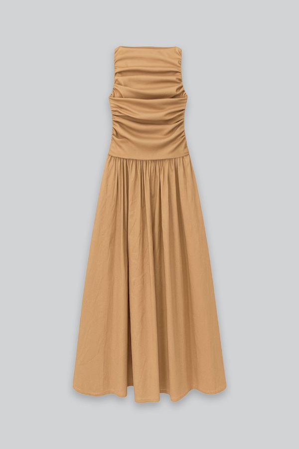 Esthé Pleated Cotton Maxi Dress - Beige