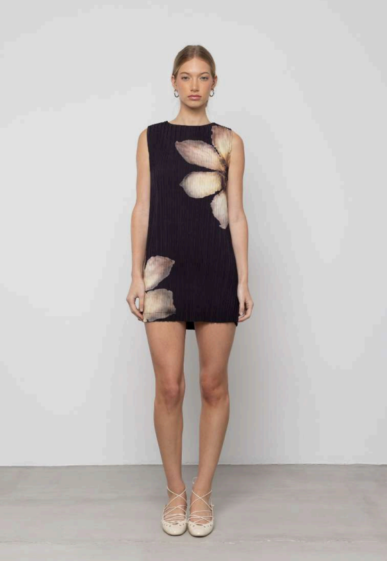 esthe Pleated Floral Mini Dress - Night Petal Print