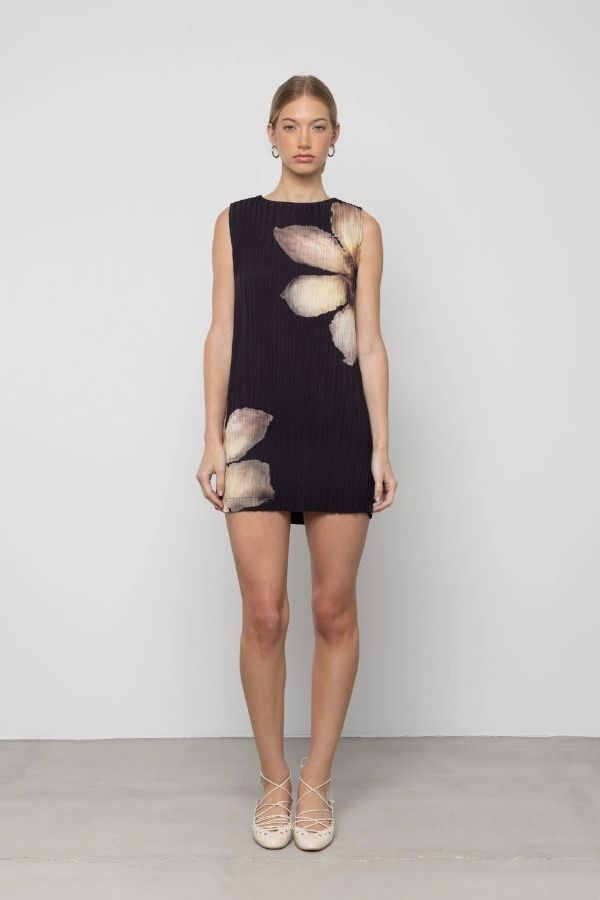 Esthé Pleated Floral Mini Dress - Night Petal Print