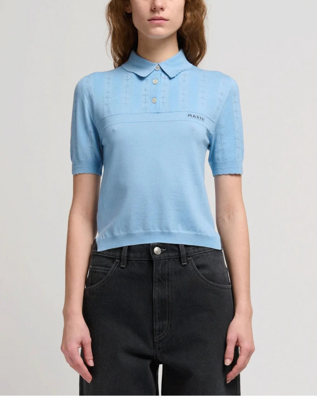 Marni Pointelle Short Sleeve Polo - Powder Blue