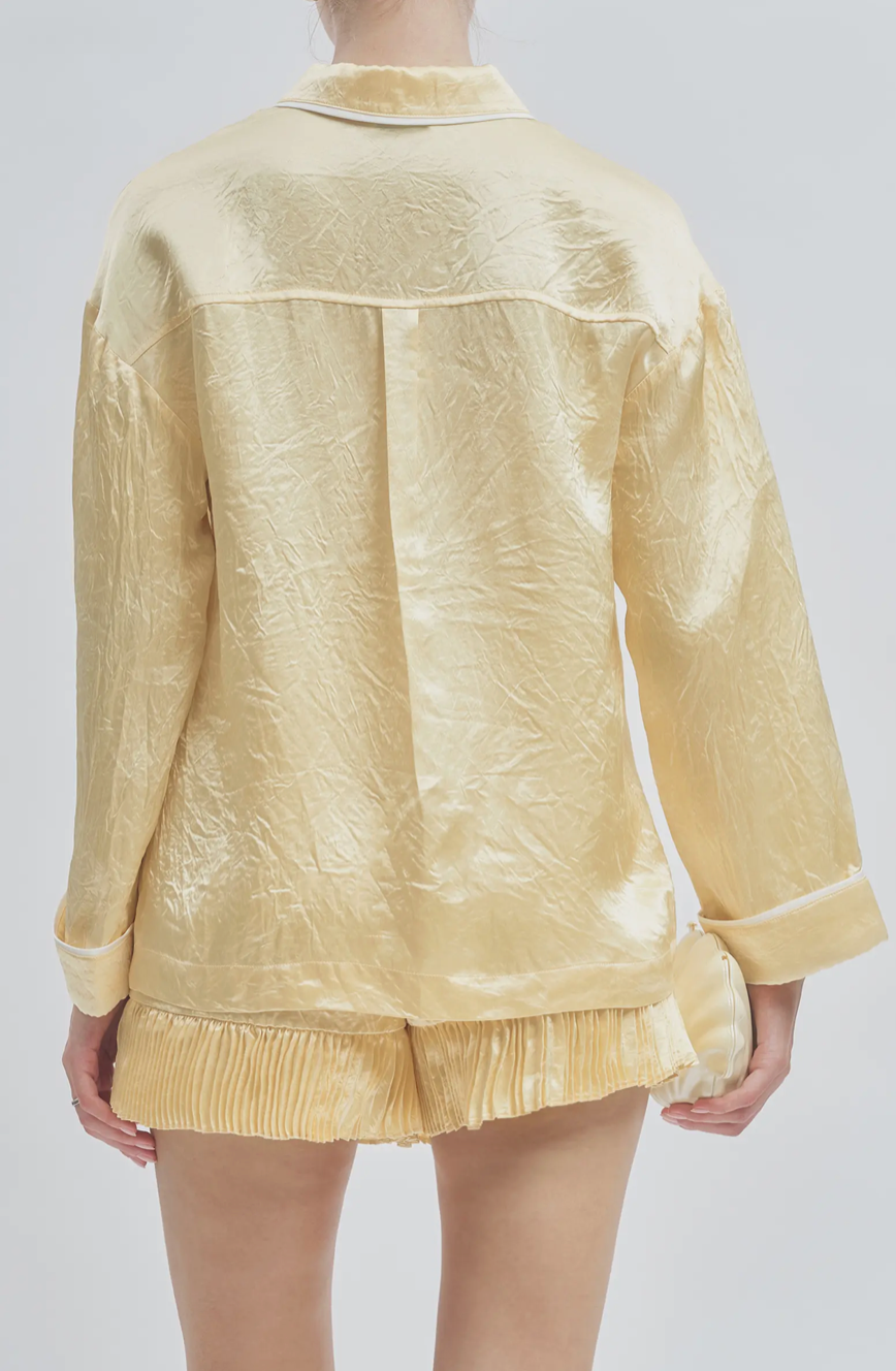 Maude Club Porter Crinkle Satin Oversized Shirt Top - Butter Yellow