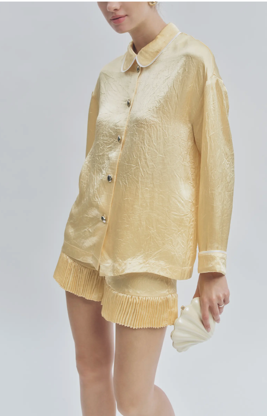 Maude Club Porter Crinkle Satin Oversized Shirt Top - Butter Yellow