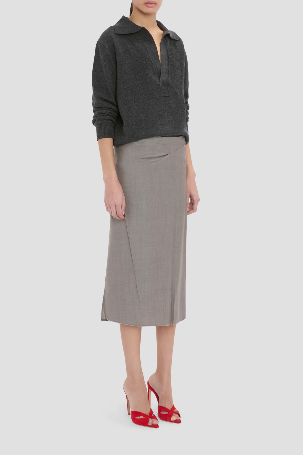 Victoria Beckham Pressed Tailored Flannel Skirt - Dark Grey Melange