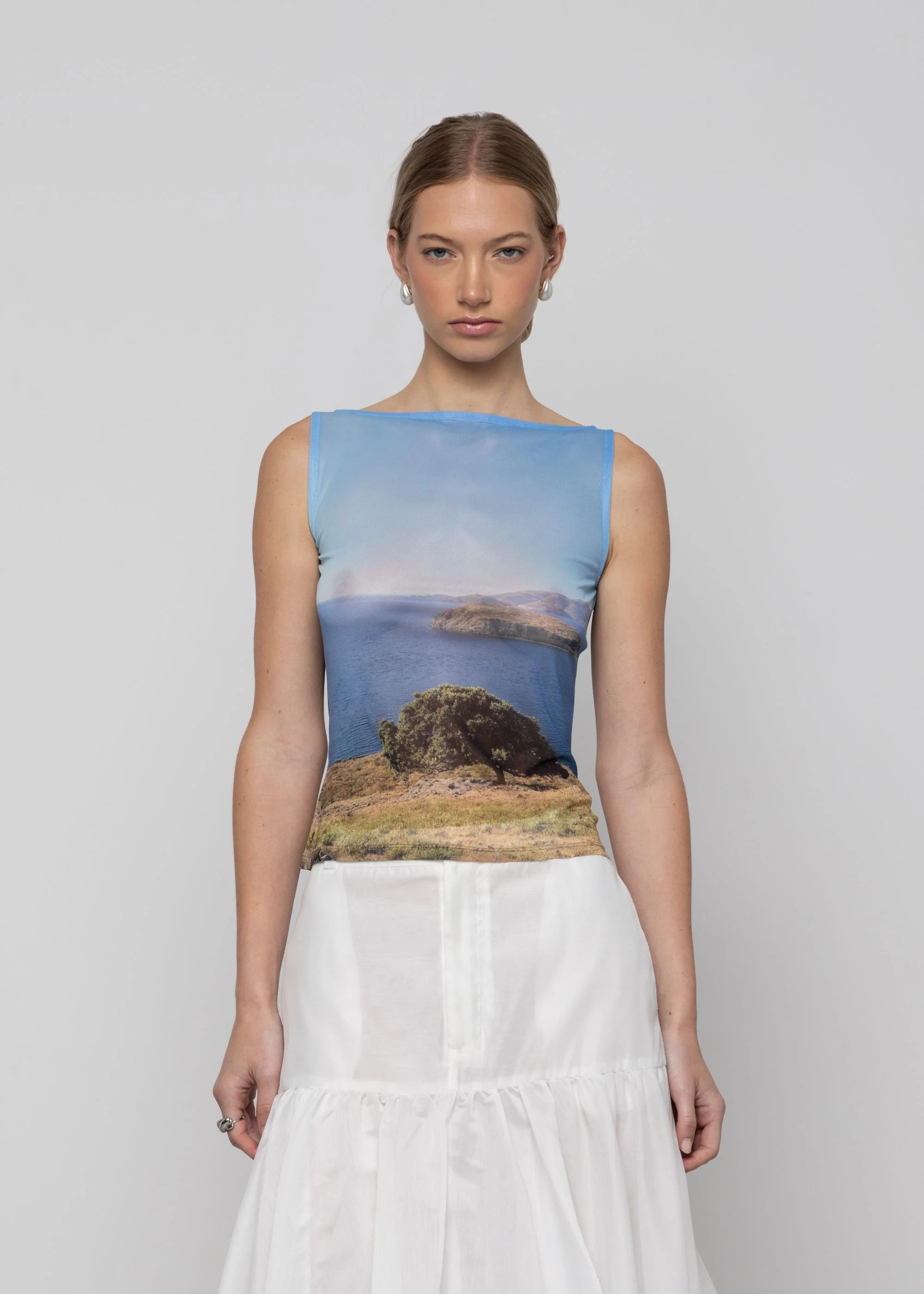 Esthé Printed Mesh Boat Neck Top