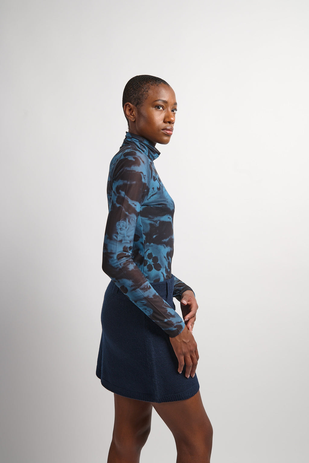 Ganni Printed Mesh Long Sleeve Rollneck - Blue Shadow