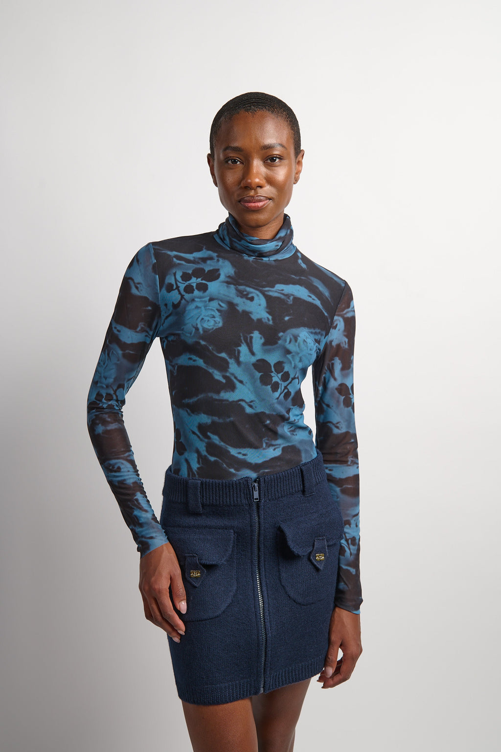 Ganni Printed Mesh Long Sleeve Rollneck - Blue Shadow
