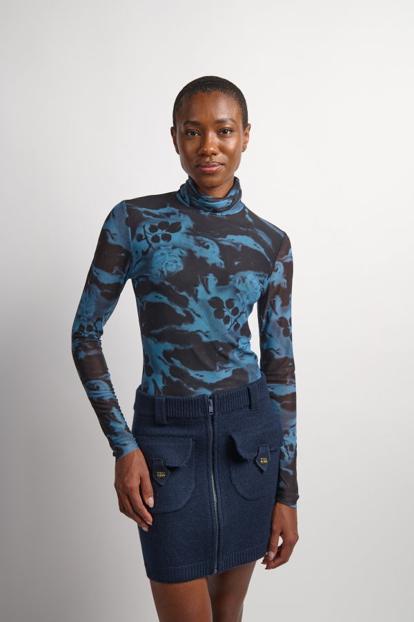 Ganni Printed Mesh Long Sleeve Rollneck - Blue Shadow