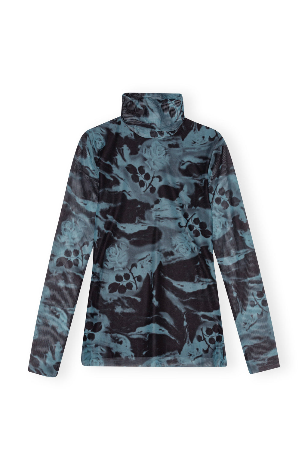 Ganni Printed Mesh Long Sleeve Rollneck - Blue Shadow