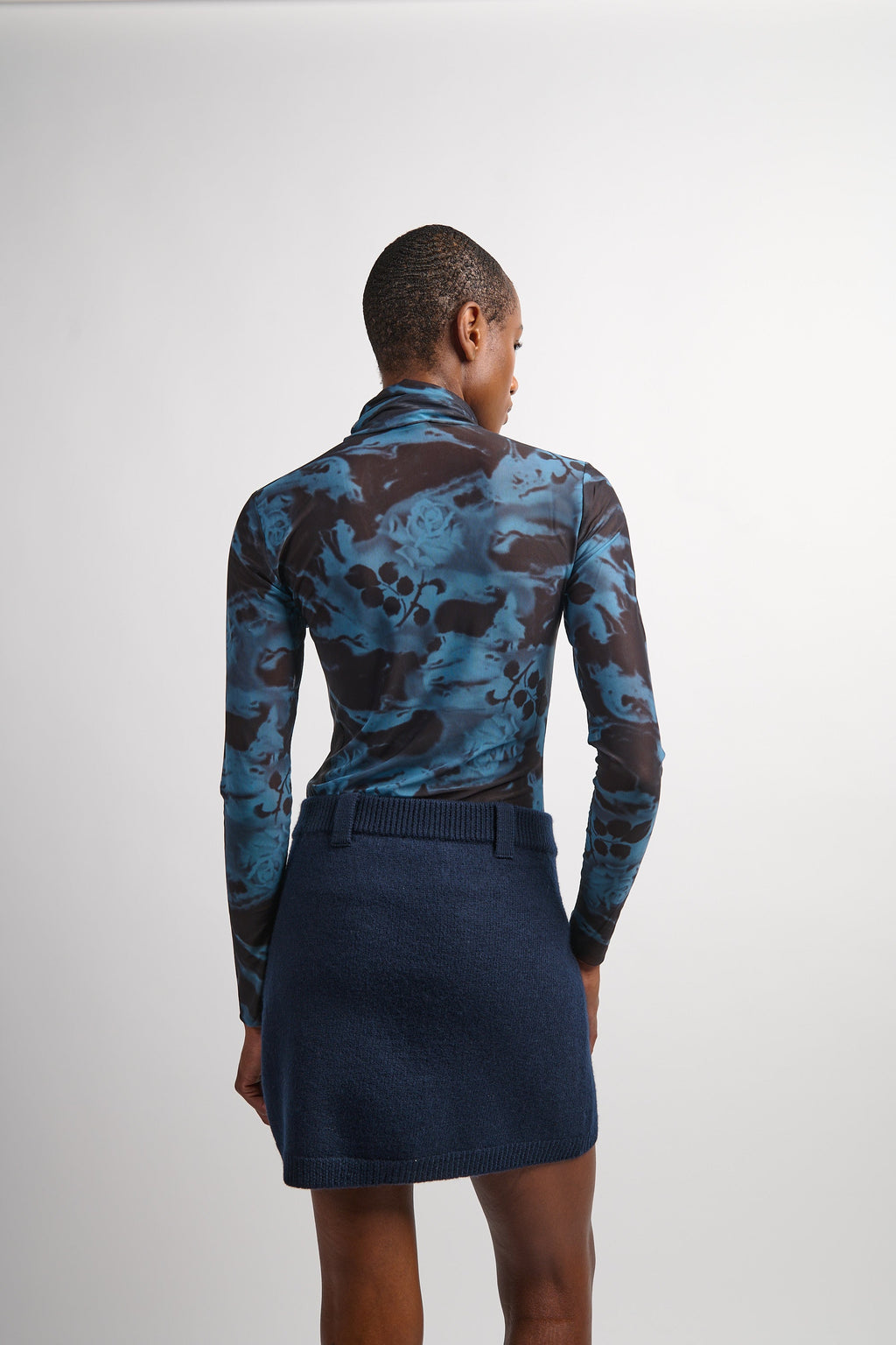 Ganni Printed Mesh Long Sleeve Rollneck - Blue Shadow