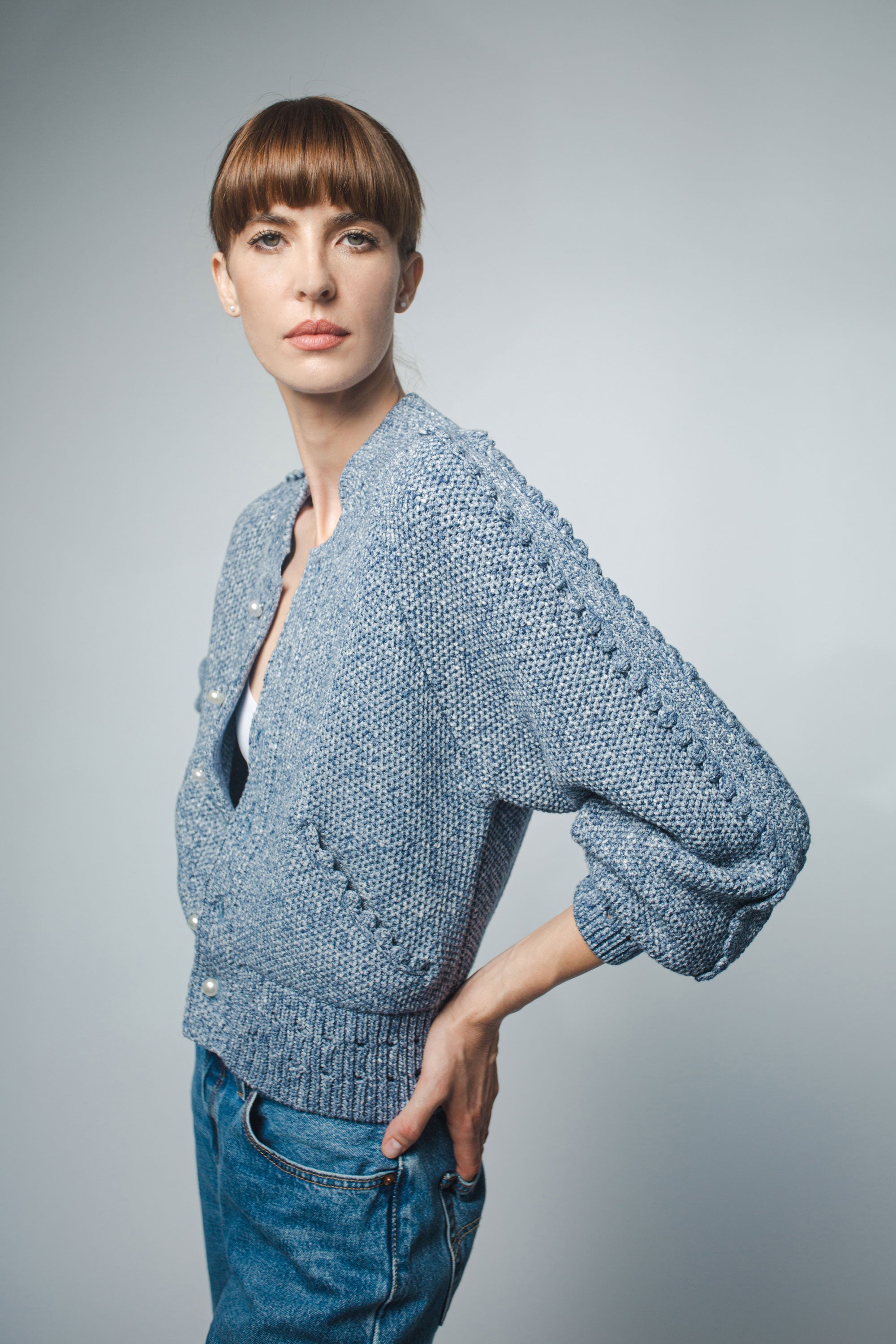 Santicler Reese Crochet Stitch Bomber Jacket - Blue Denim