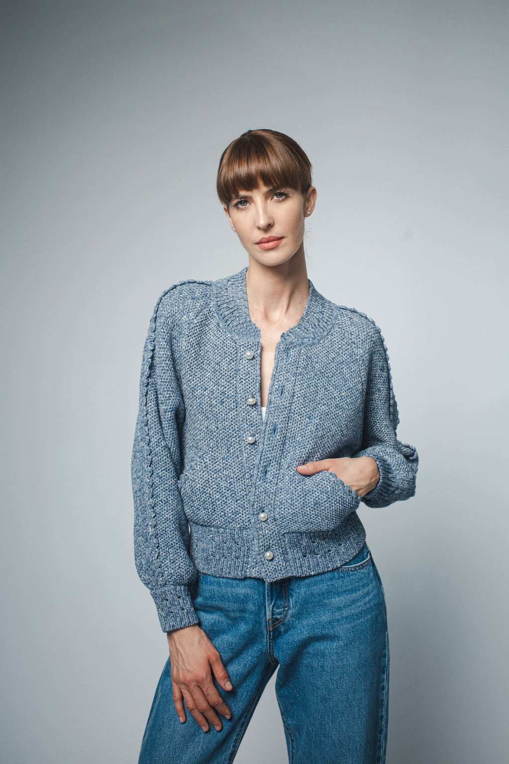 Santicler Reese Crochet Stitch Bomber Jacket - Blue Denim