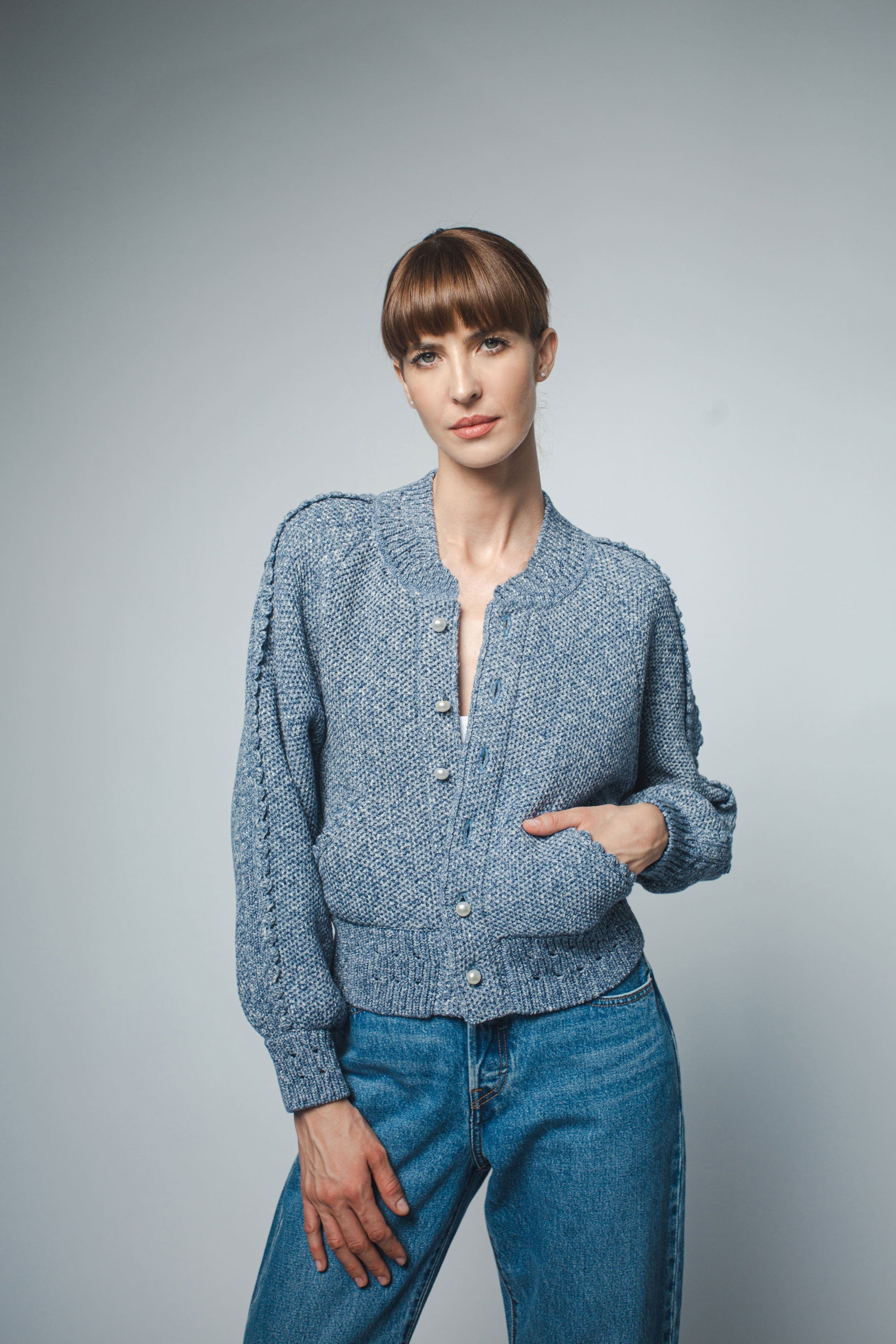 Santicler Reese Crochet Stitch Bomber Jacket - Blue Denim