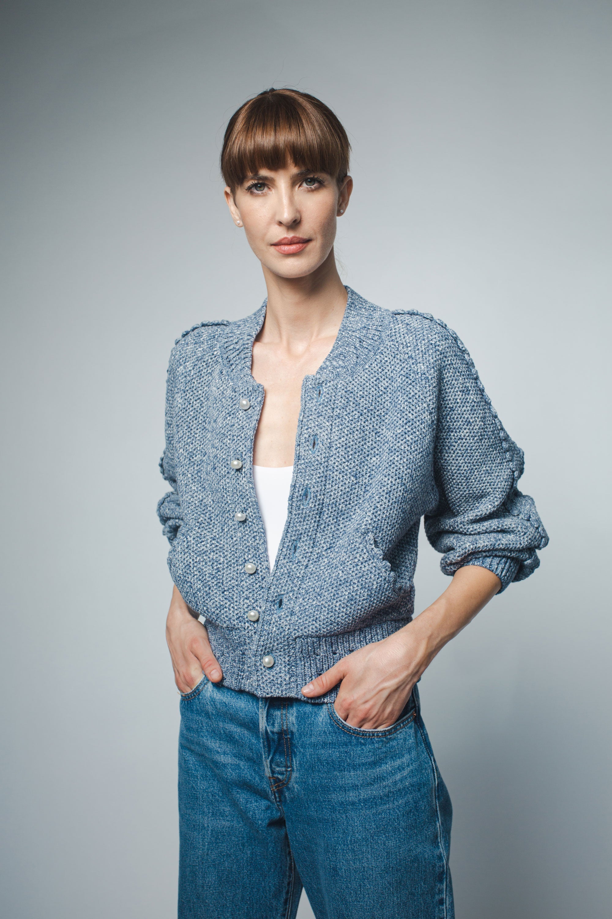 Santicler Reese Crochet Stitch Bomber Jacket - Blue Denim