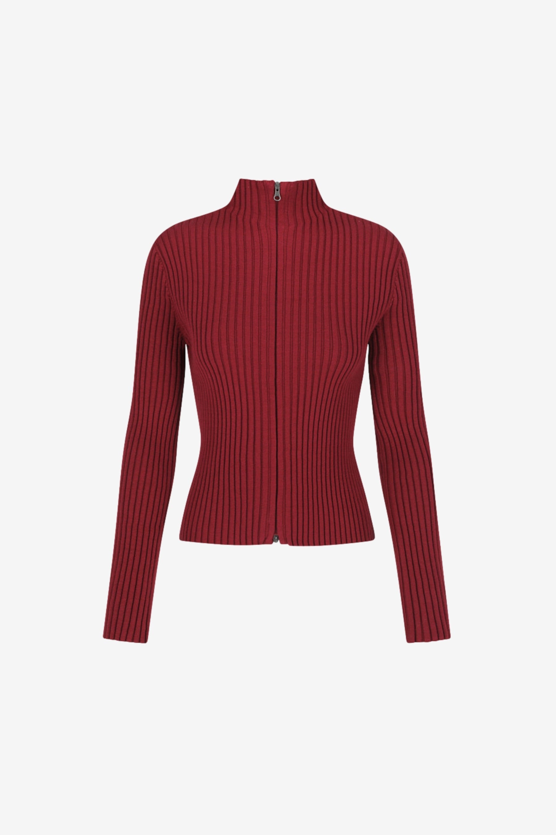 AMOMENTO Ribbed High Neck Zip Up