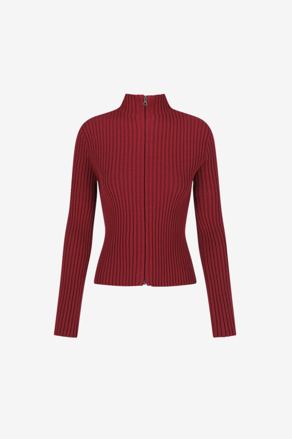 AMOMENTO Ribbed High Neck Zip Up