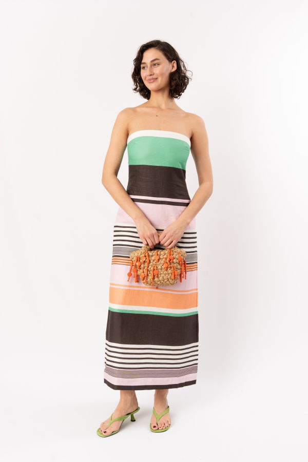 ROAME Frieda Strapless Midi Dress - Tango Stripe