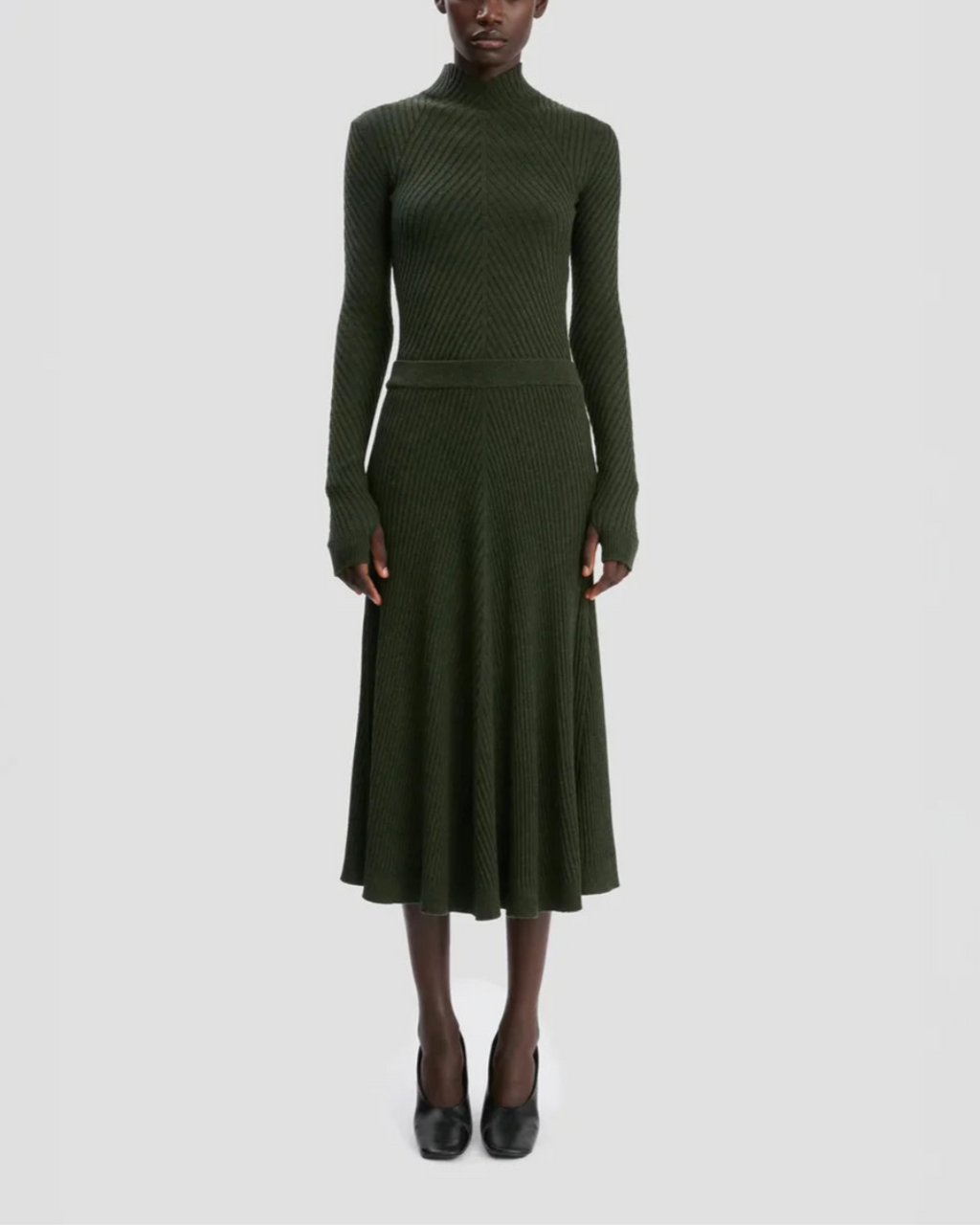 Victoria Beckham Ribbed Midi Knit Skirt - Green