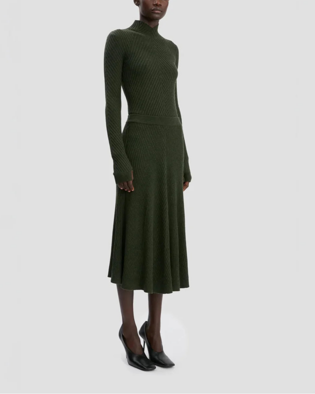 Victoria Beckham Ribbed Midi Knit Skirt - Green