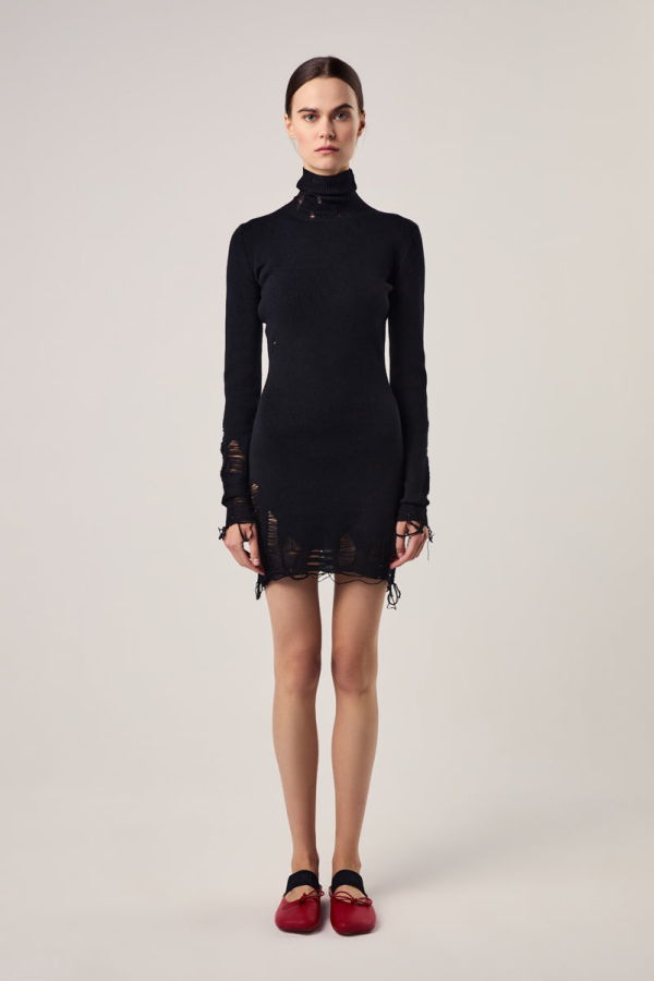 MM6 Maison Margiela Ripped Detailing Wool Mini Dress - Black