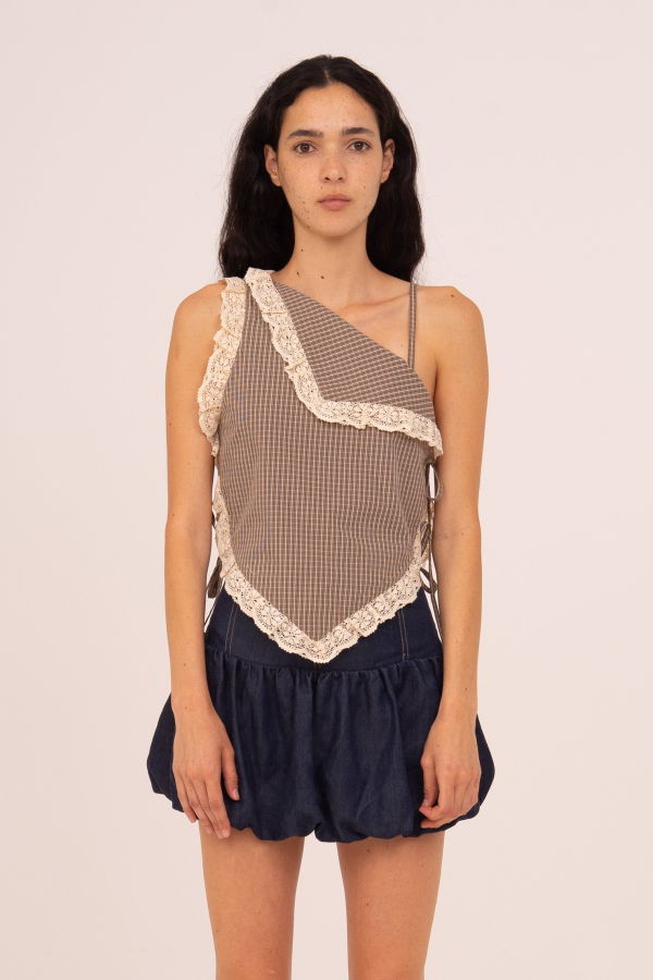 Carmensays Rove Asymmetric Top - Brown Plaid