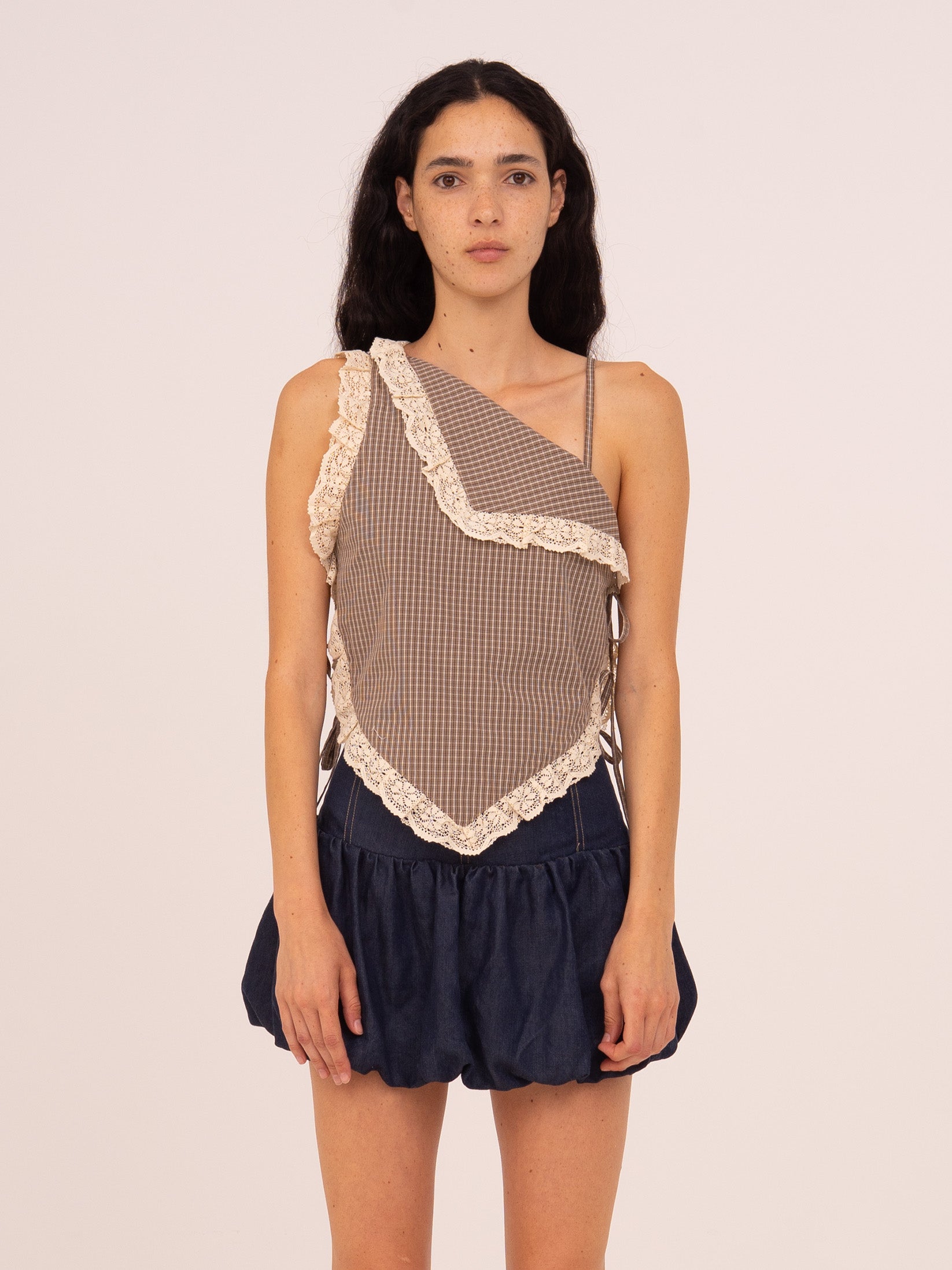 Carmensays Rove Asymmetric Top - Brown Plaid