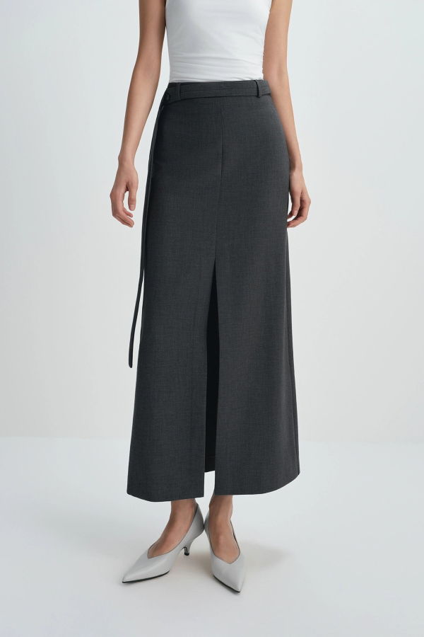 Sophie Rue Noelia Center Slit Belted Skirt - Charcoal