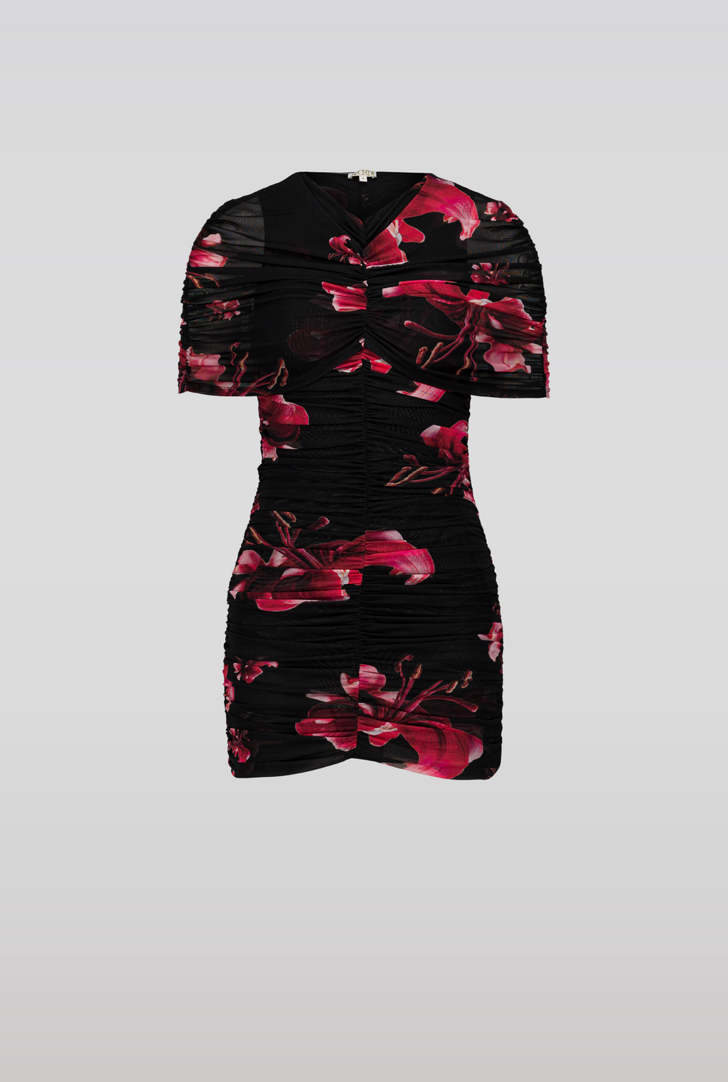 SAEMDI Draped Floral Mini Mesh Dress