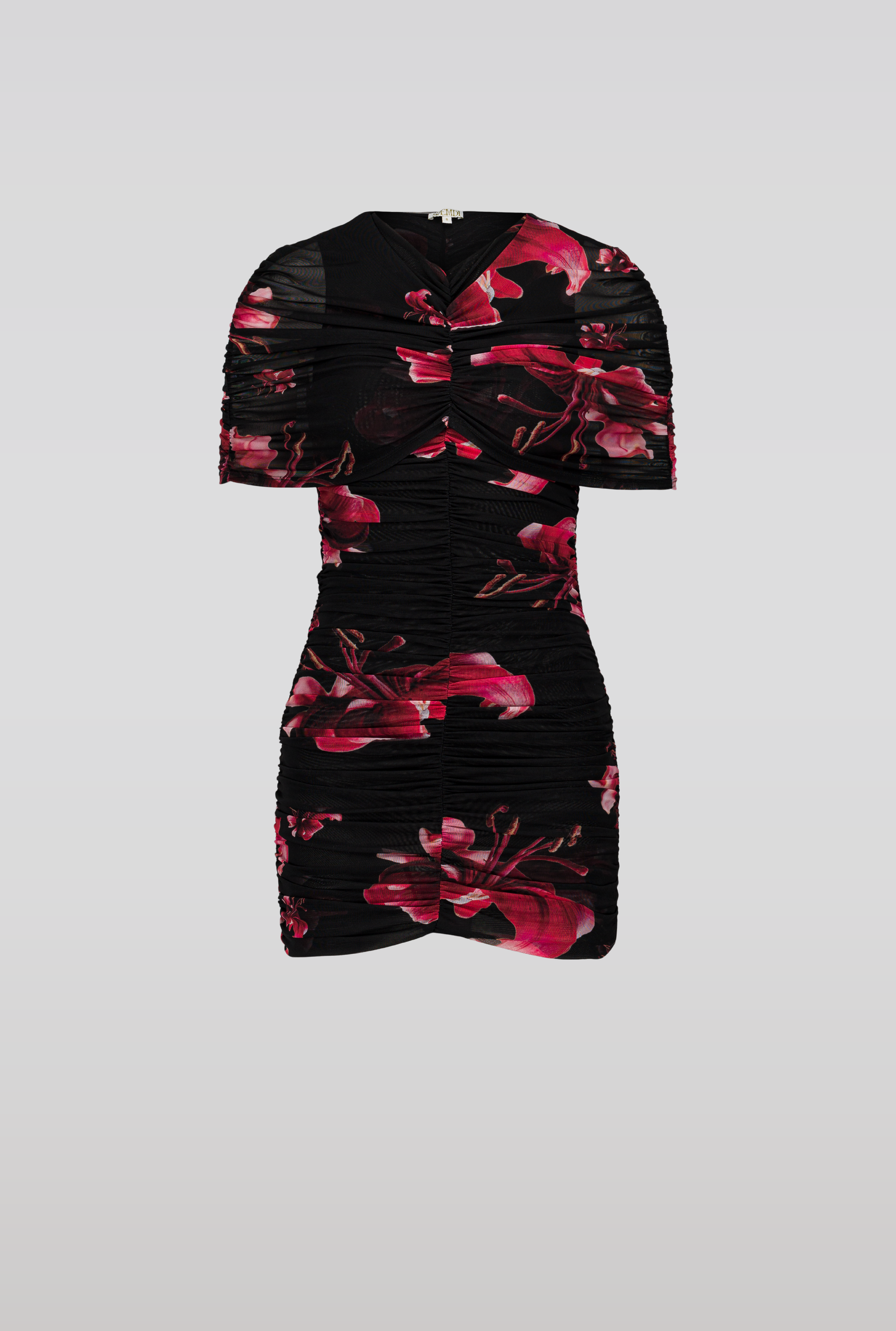 SAEMDI Draped Floral Mini Mesh Dress