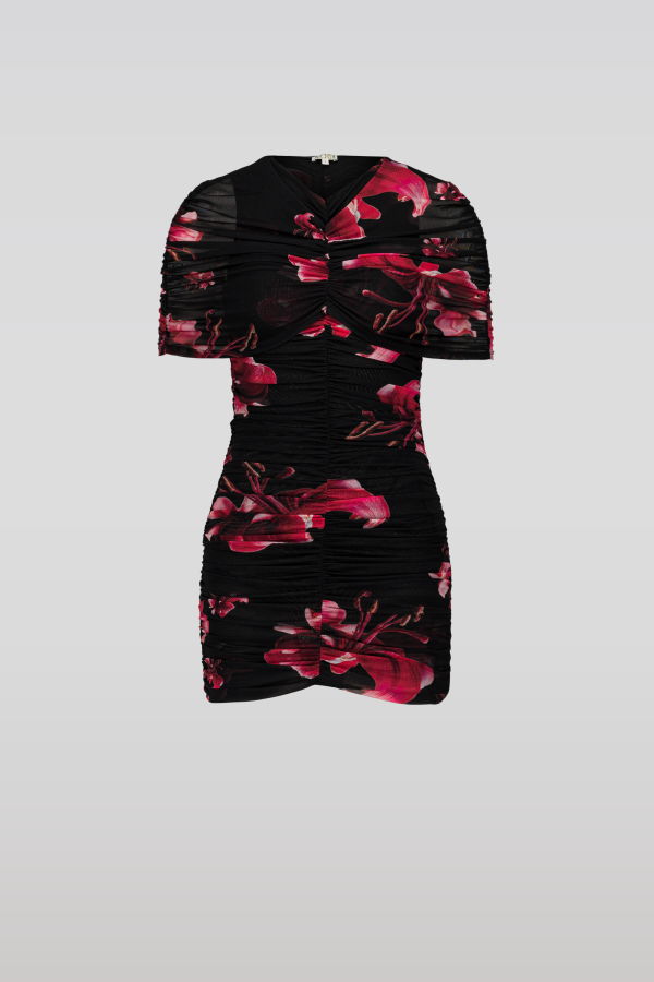 SAEMDI Draped Floral Mini Mesh Dress