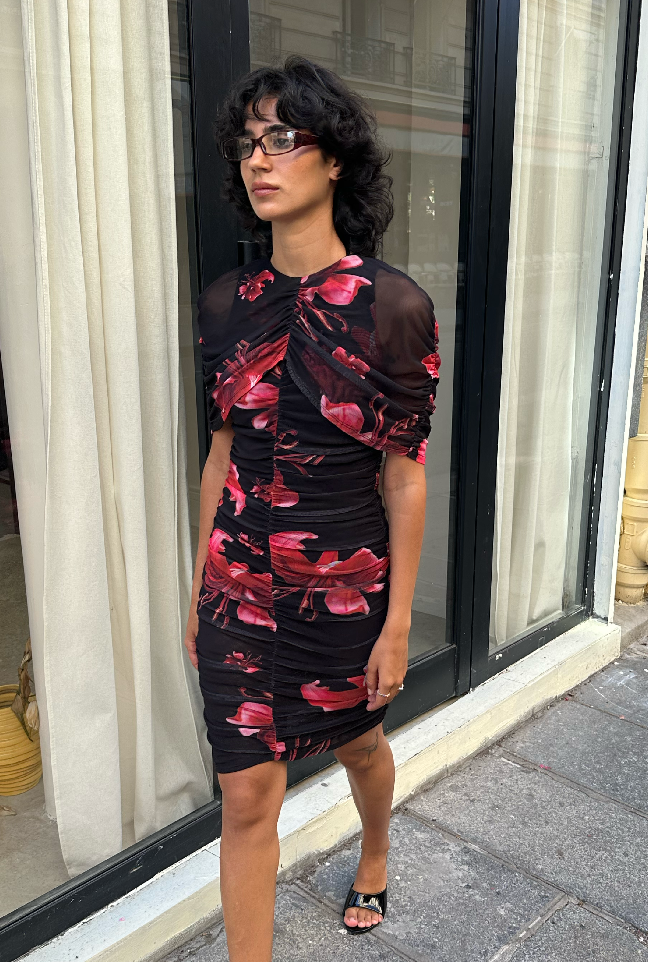 SAEMDI Draped Floral Mini Mesh Dress