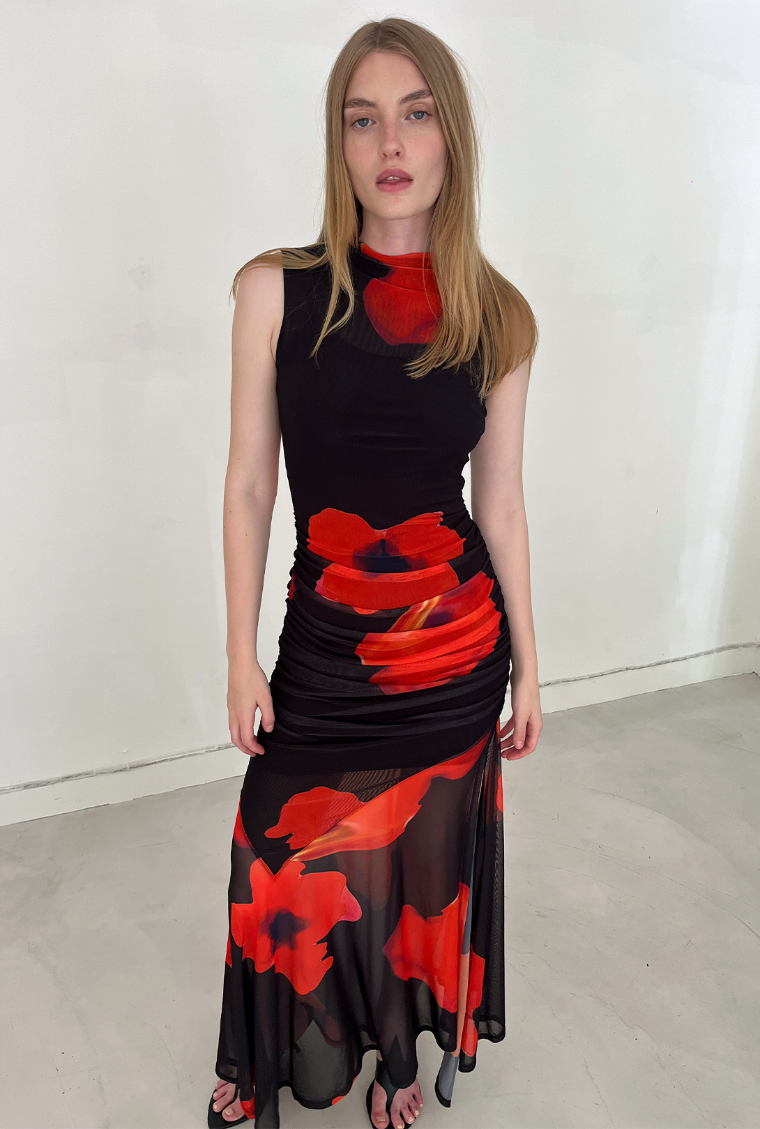 SAEMDI Floral Printed Mesh Dress