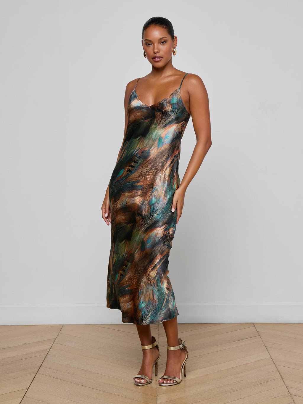 L'agence Seridie Slip Dress - Teal Multi Mix Feather