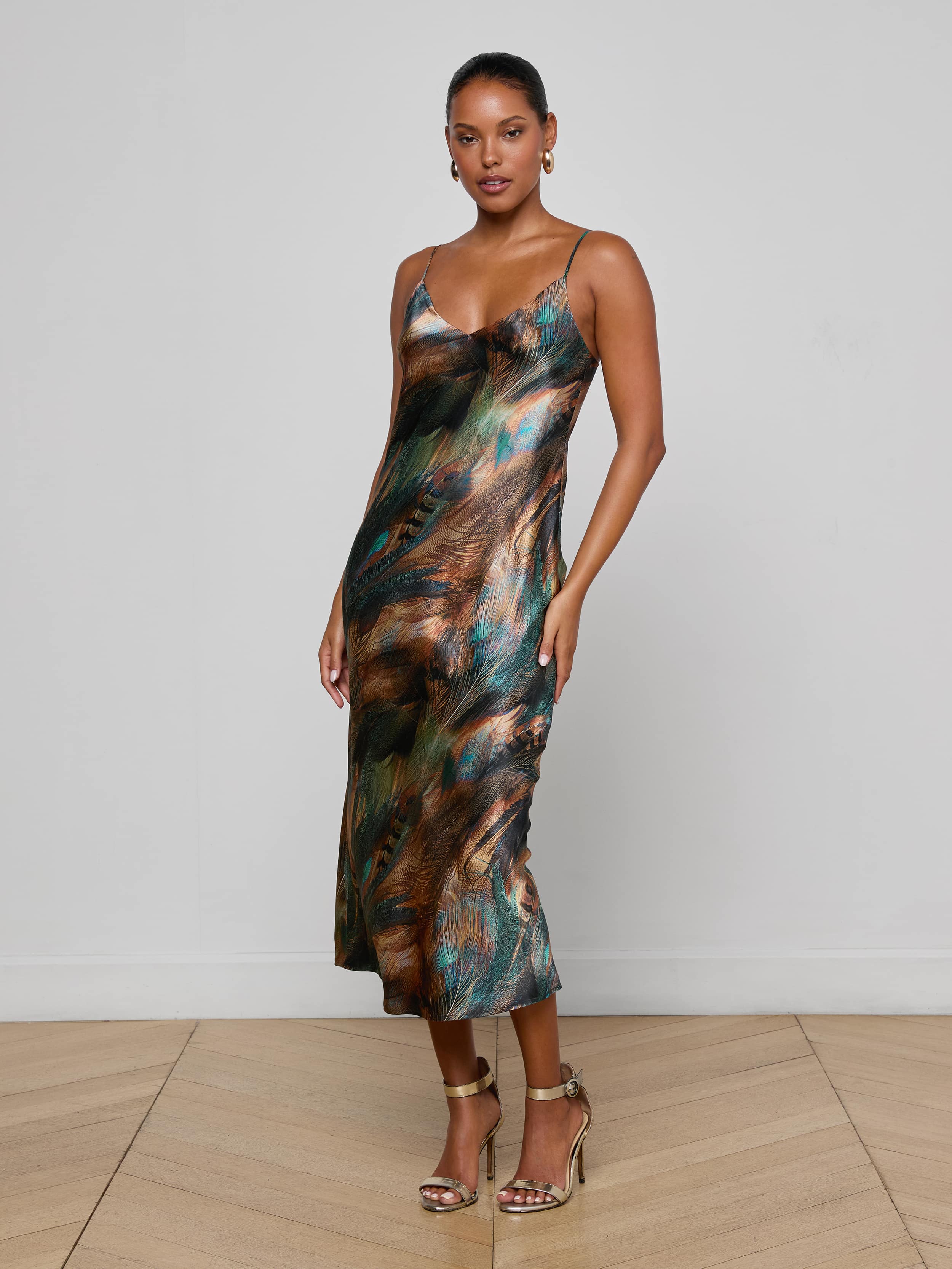 L'agence Seridie Slip Dress - Teal Multi Mix Feather