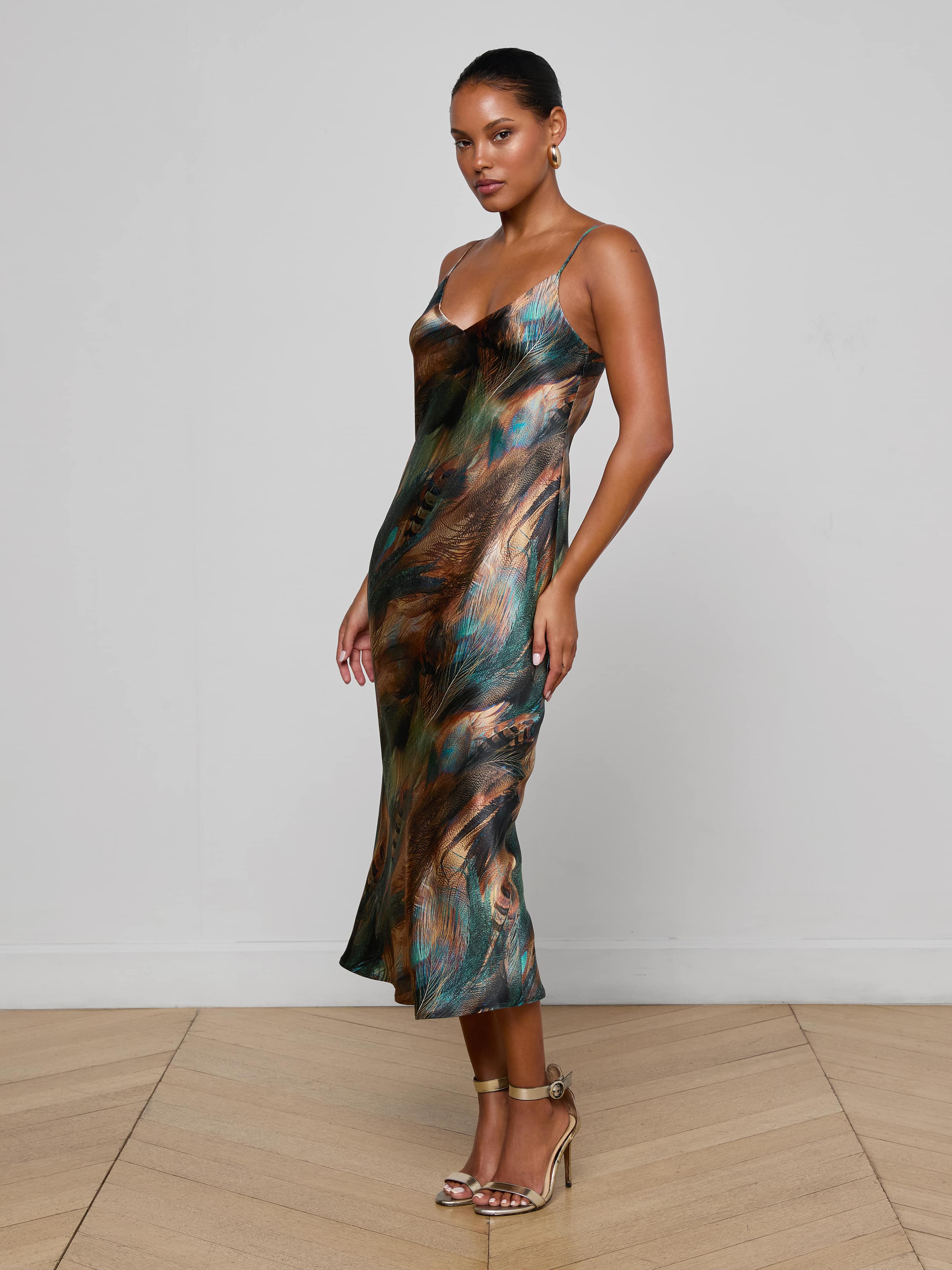 L'agence Seridie Slip Dress - Teal Multi Mix Feather