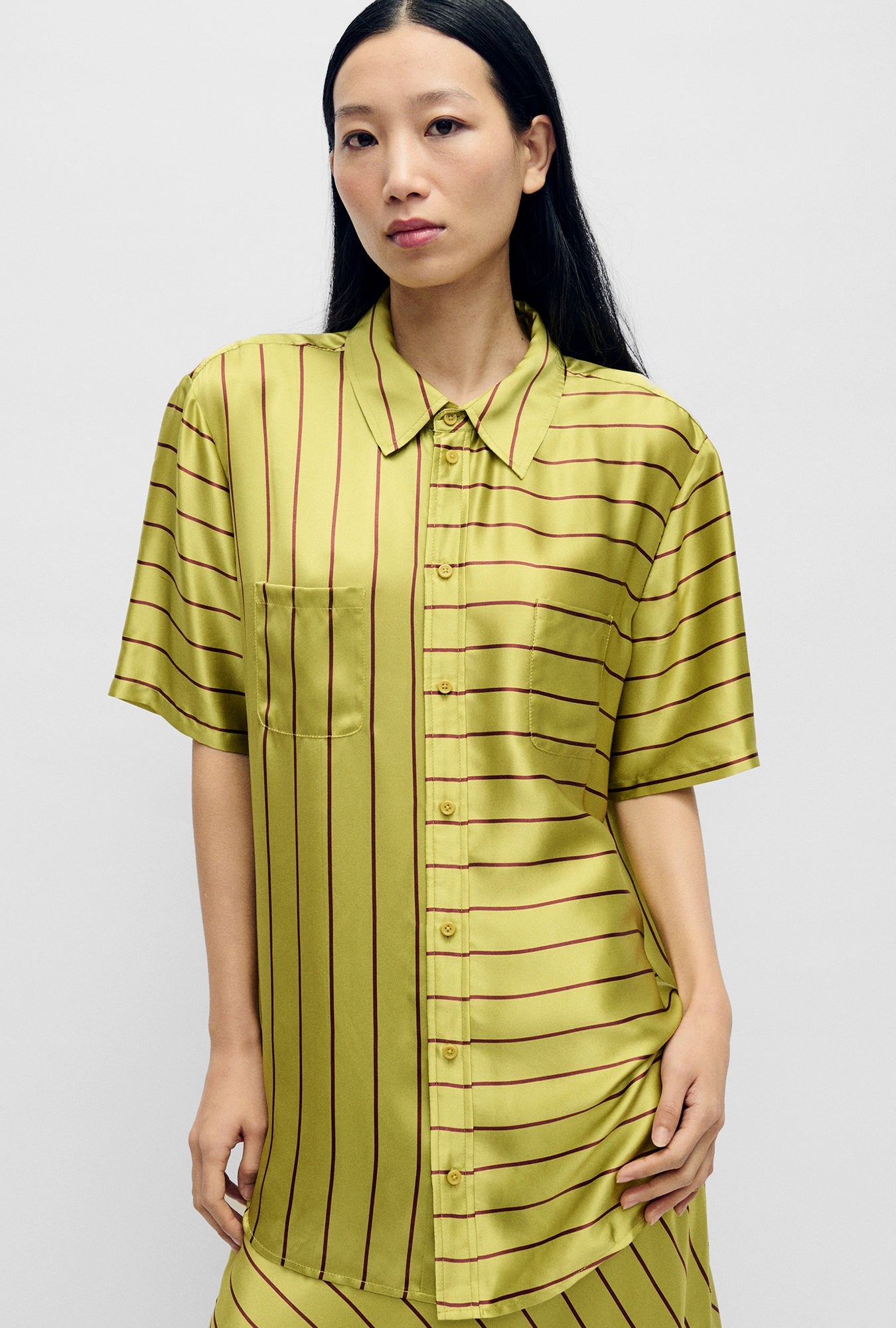 Silk Laundry Short Sleeve Boyfriend Shirt 2.0 - Cactus Stripe