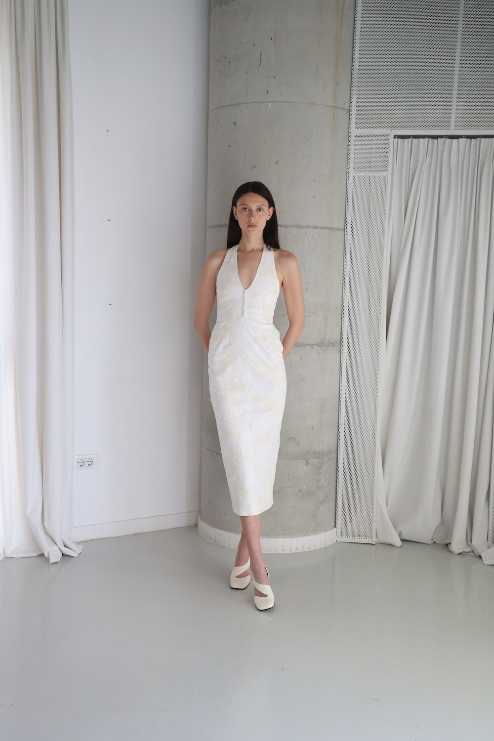 MAET Siera Floral Embroidery Midi Dress - White