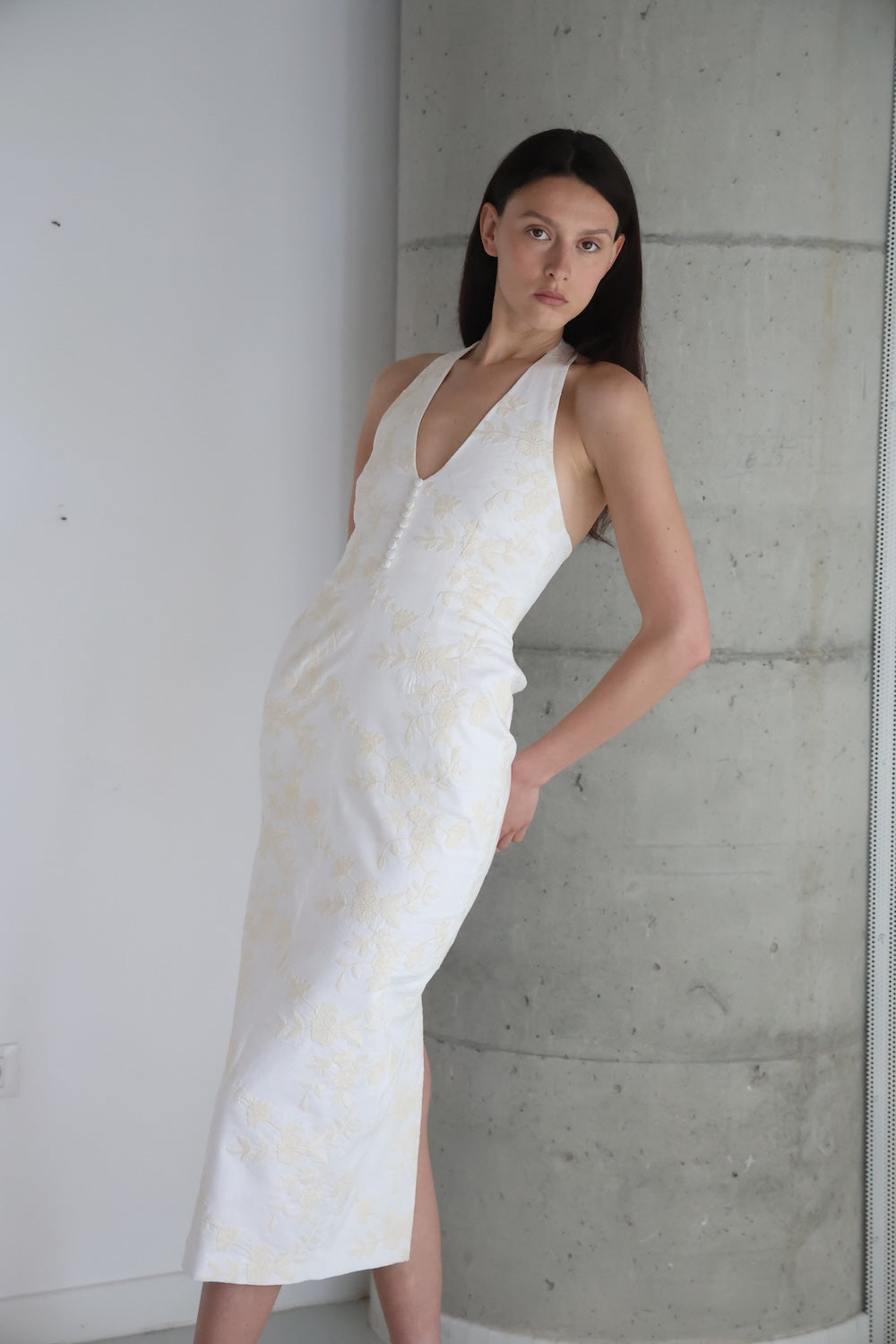 MAET Siera Floral Embroidery Midi Dress - White