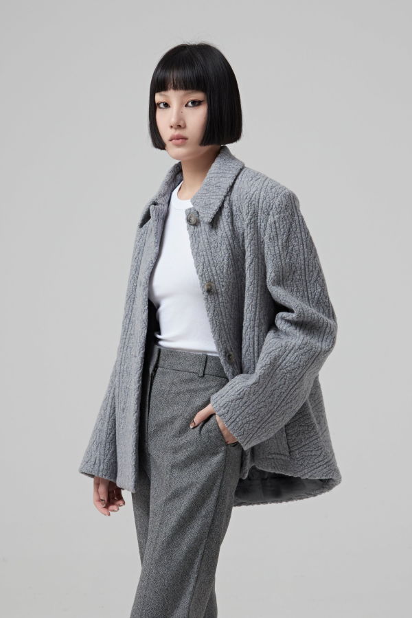 Single Breasted Grey Jacquard Jersey Jacket Buttoned In The Front - Heather Grey