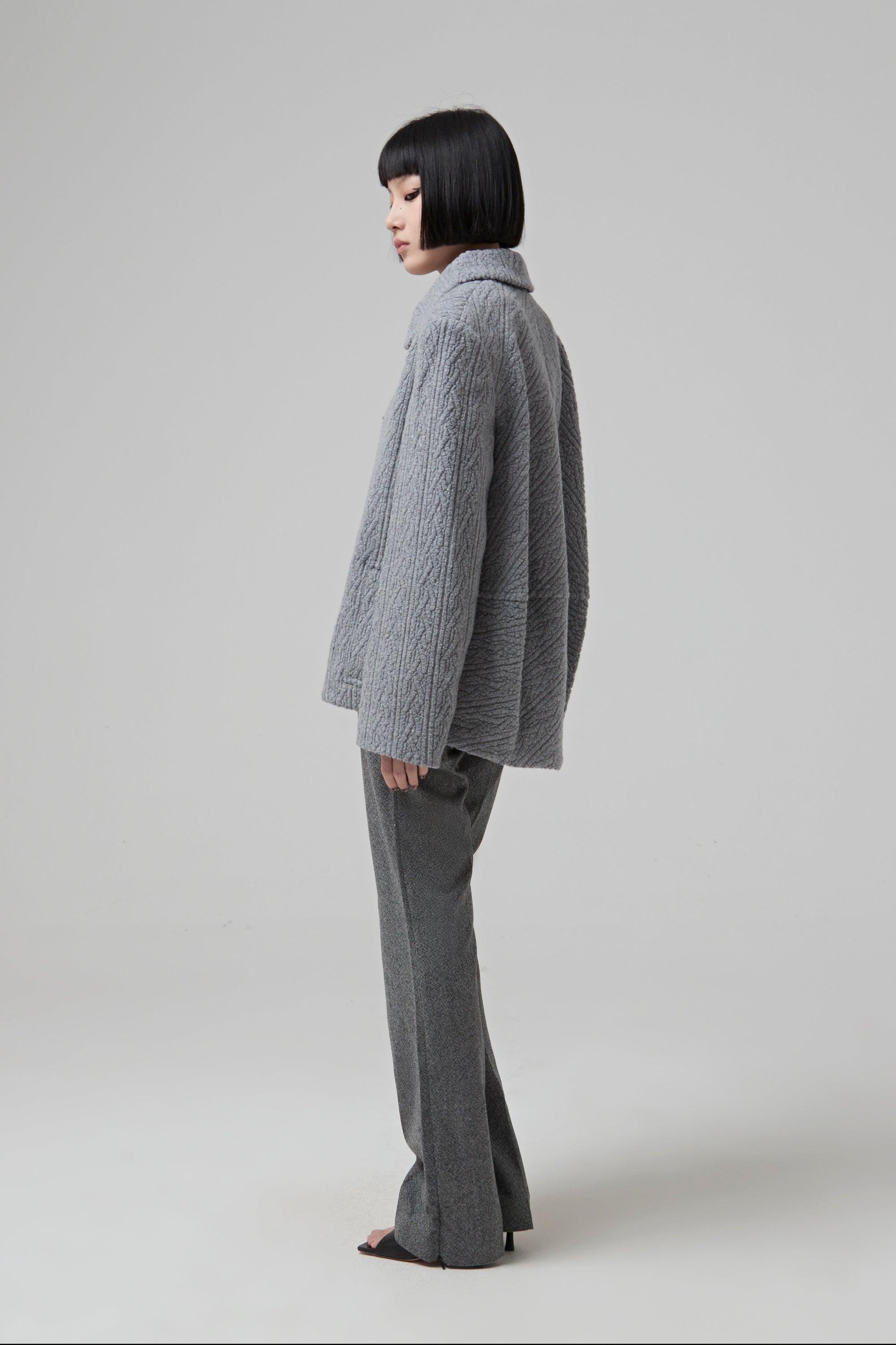 Single Breasted Grey Jacquard Jersey Jacket Buttoned In The Front - Heather Grey