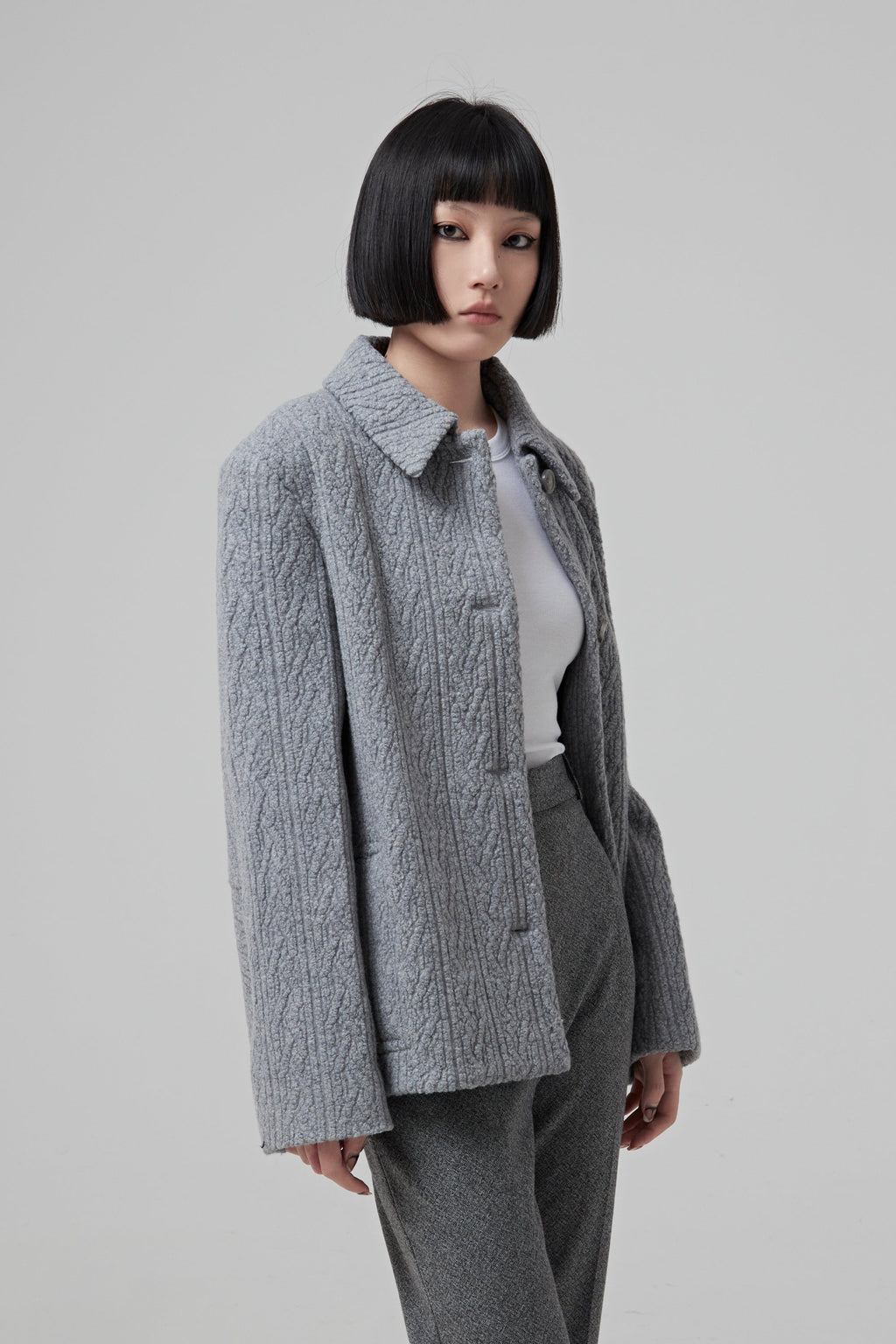Single Breasted Grey Jacquard Jersey Jacket Buttoned In The Front - Heather Grey