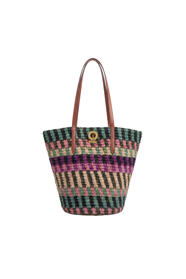 Veronica Beard Striped Raffia Anchor Basket Tote - Berry Multi
