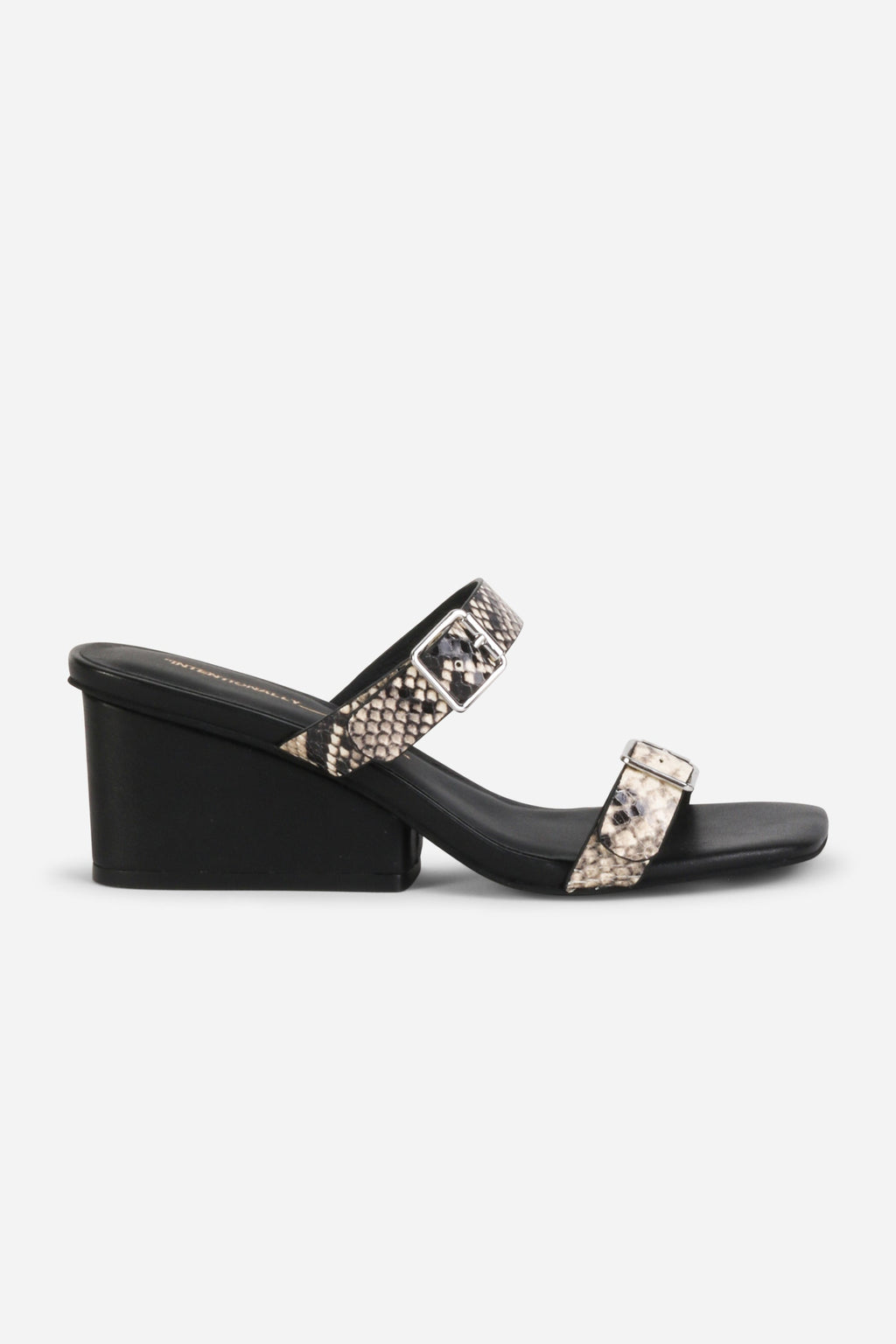 INTENTIONALLY __________. Surrender Snake Embossed Wedge Heel Sandal - Black/White